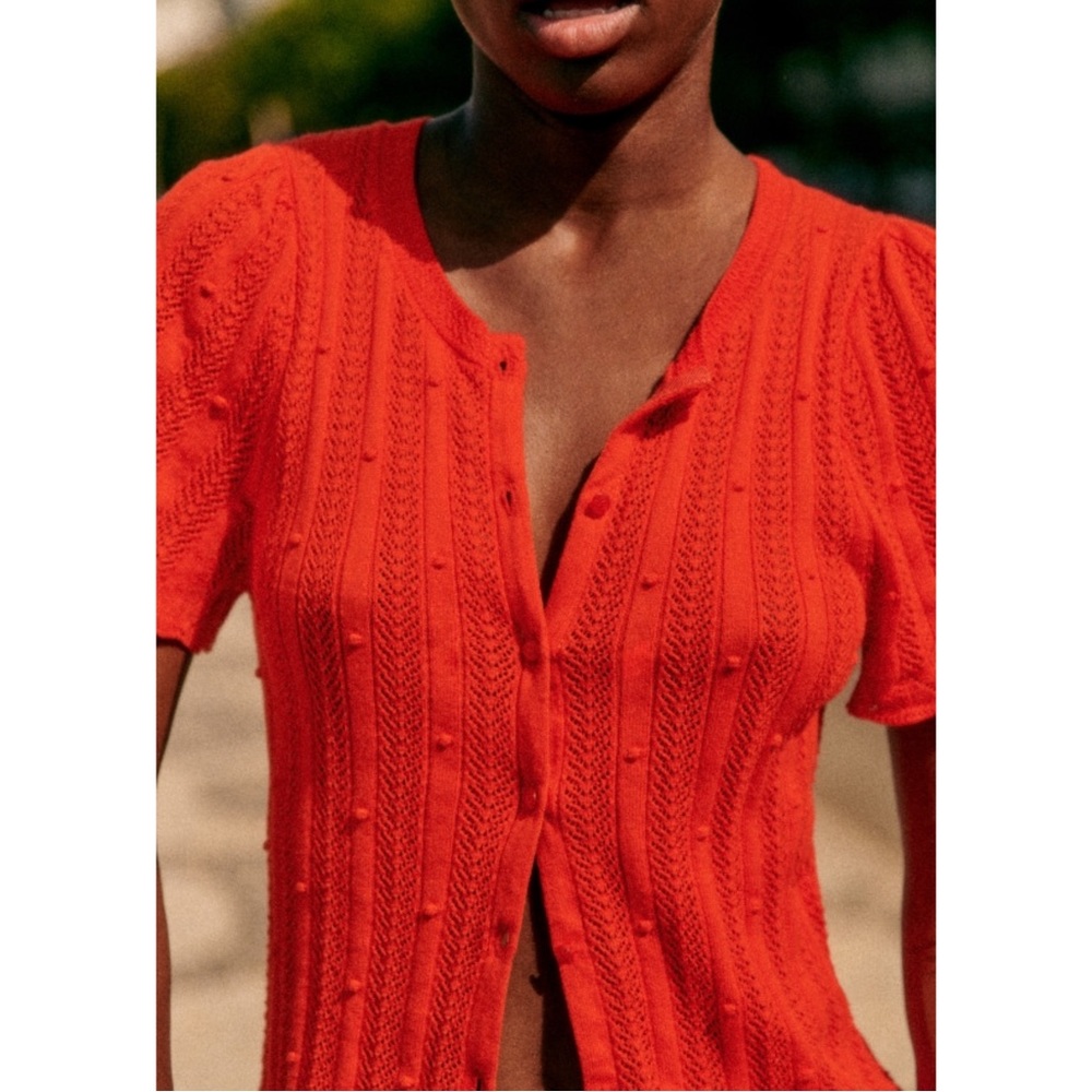 SEZANE Bright Red Fancy Knit Organic Cotton Davie Short Sleeve Cardigan Sweater